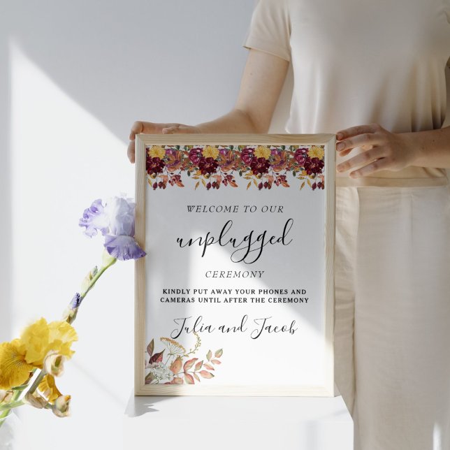 Poster Autumn Watercolor Floral Wedding Unplugged (Elegant Autumn Watercolor Floral Wedding Party Supplies)
