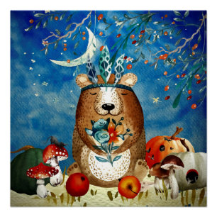 Pôster Autumn Woodland Friends Bear Forest Illustration