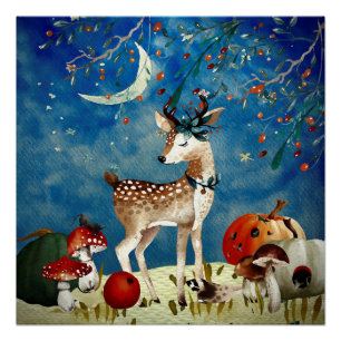 Pôster Autumn Woodland Friends Deer Forest Ilustration