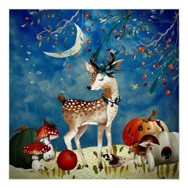 Pôster Autumn Woodland Friends Deer Forest Ilustration (Frente)