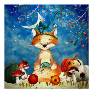 Pôster Autumn Woodland Friends Fox Forest Illustration