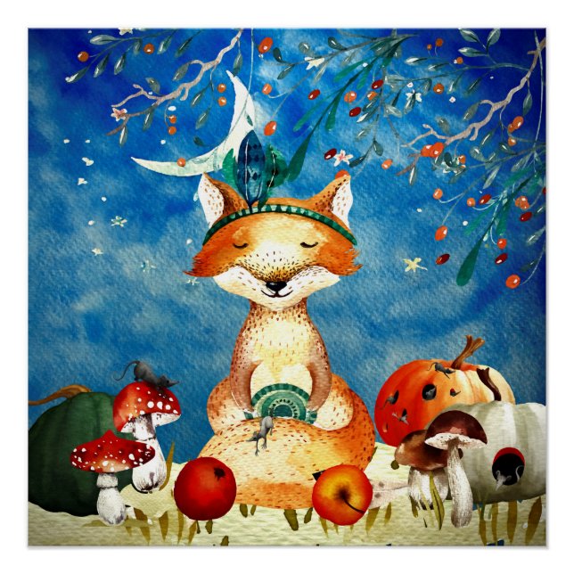 Pôster Autumn Woodland Friends Fox Forest Illustration (Frente)