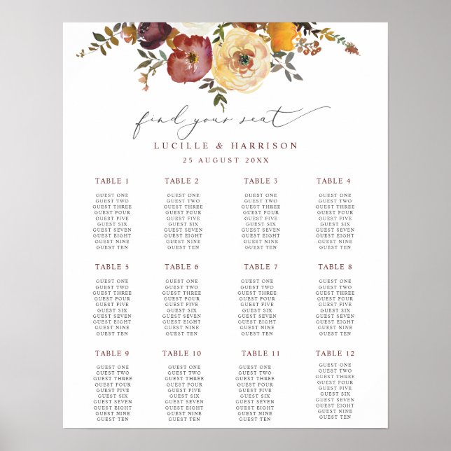 Poster Autumnal Blooms Burgundy Seating Plan (Frente)