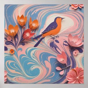 Poster Ave Colorida e Design Floral - Arte em Papel
