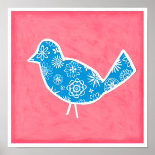 Poster Ave Decorativa com Padrões em Fundo Rosa