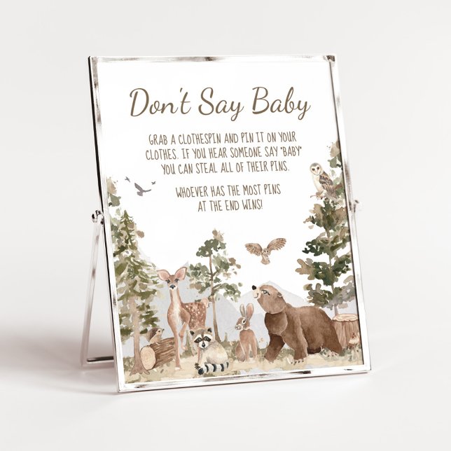 Poster Aventura aguarda animais florestais não dizem bebê (Woodland Animals Adventure Awaits Baby Shower Don't Say Baby Sign)