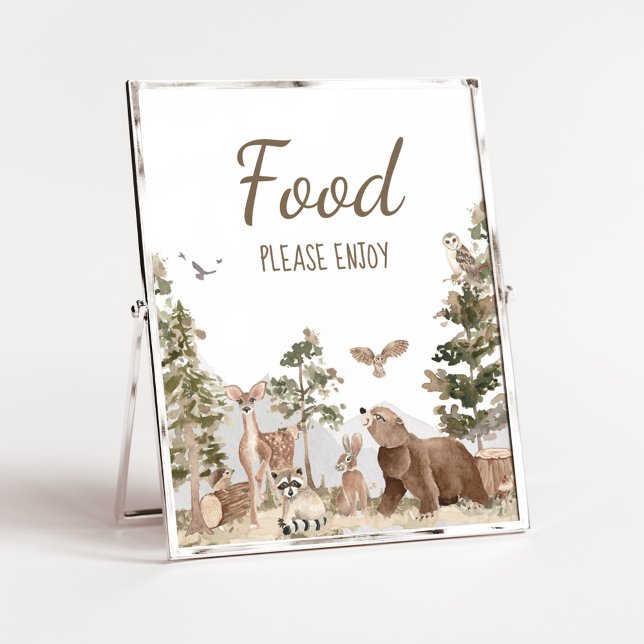 Poster Aventura Aguarda Comida De Animais Da Floresta (Woodland Animals Adventure Awaits Baby Shower Food Sign)