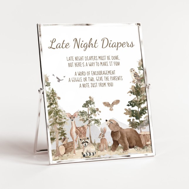 Poster Aventura Animais Da Floresta Atrasados Fraldas Not (Woodland Animals Adventure Awaits Baby Shower Late Night Diapers Sign)