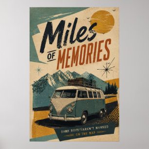Poster Aventura de Viagem de Retro Camper Van pela Montan
