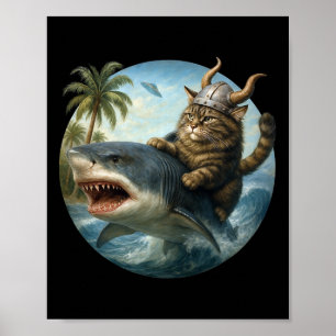 Poster Aventura Épica de Gato Viking Surfando Tubarão Oce