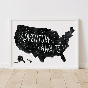 Poster Aventura Preta Aguarda Mapa dos EUA Decoração de Q
