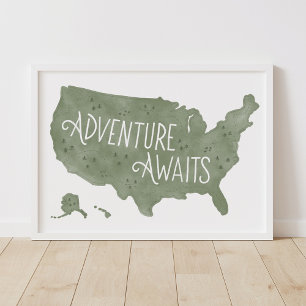 Poster Aventura Verde Espera Mapa dos EUA Decoração de Qu