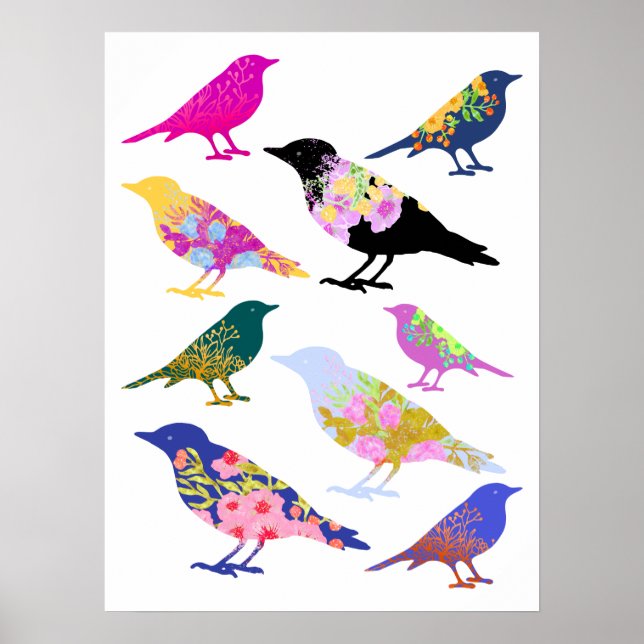 Poster Aves Coloridas Flores Deixam Animais Fleais Chic (Frente)