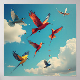 Poster Aves coloridas num céu azul