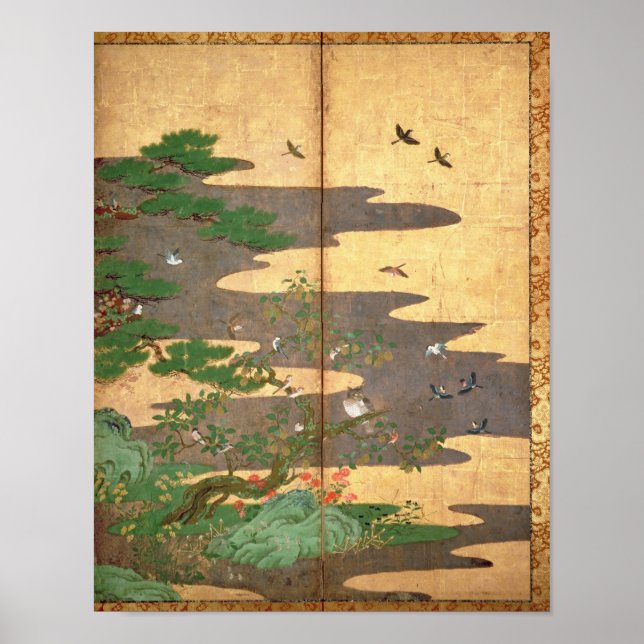 Pôster Aves com flores do outono e do inverno (Frente)