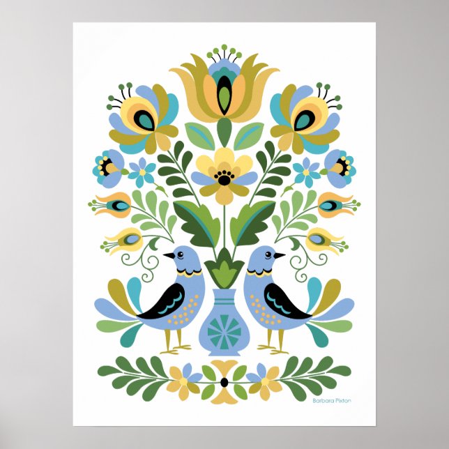 Poster Aves de Arte Familiares Húngaras em Azul e Dourado (Frente)