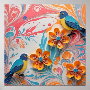 Poster Aves de Papel Vibrantes e Arte Floral - Criativa