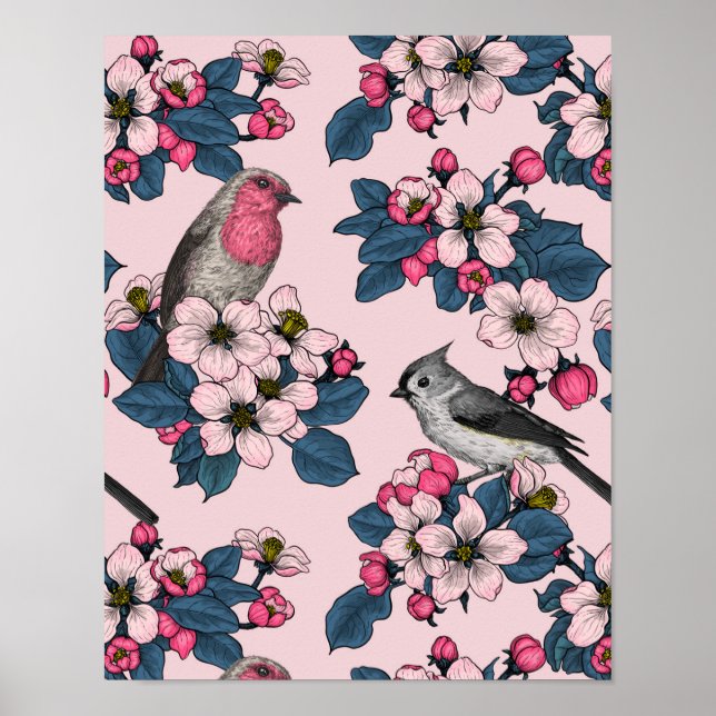 Poster Aves e Blossomas a rosa (Frente)