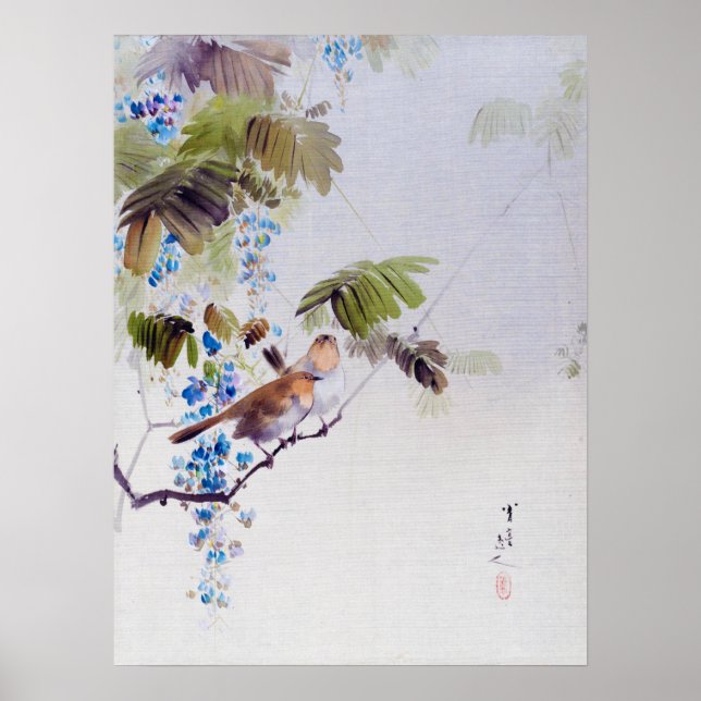 Poster Aves e Flores de Wisteria, Watanabe Seitei (Frente)