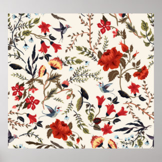 Poster Aves e Flores: Design Floral sem costura