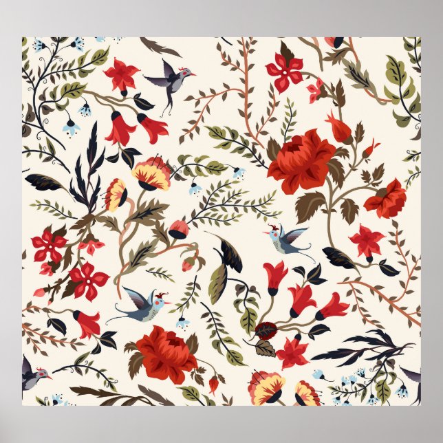 Poster Aves e Flores: Design Floral sem costura (Frente)