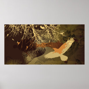 Poster Aves e galhos de árvores em tons castanhos