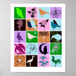 Poster Aves e Plantas Silhouette Animal Collage Art