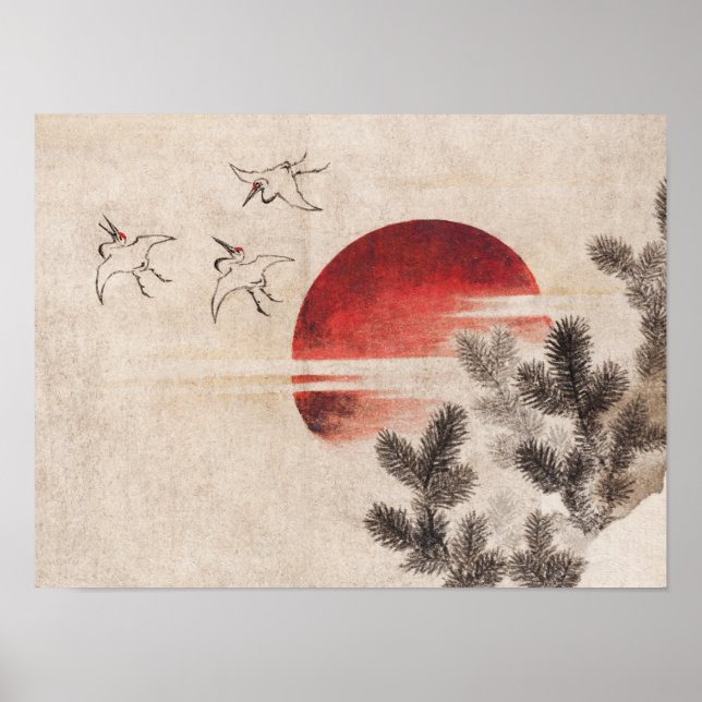 Poster Aves e pôr do sol de Katsushika Hokusai (1814) (Frente)