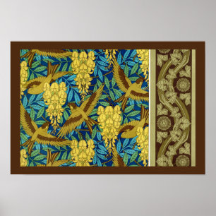 Poster Aves e wisteria Verneuil azul-amarelo