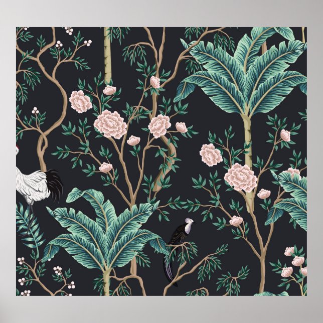 Poster Aves Exóticas Chinoiserie: Muro de Árvores de Bana (Frente)