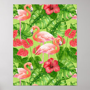 Poster Aves Flamingo e plantas tropicais