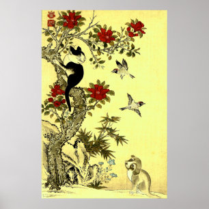 Poster Aves Gato e Cão Jakuchu Início dos anos 1900