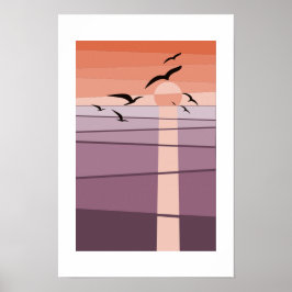 Poster Aves Marinhas Voadoras no Pôr do Sol Arte Roxa Lar