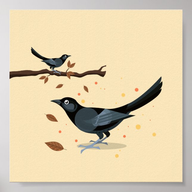 Poster Aves negras ilustradas no outono (Frente)