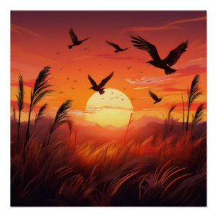 Pôster Aves no Brilho do Sol - Cena Natural Serena