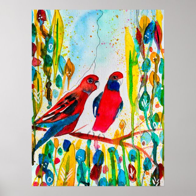 Poster Aves rosella na arte aquática das árvores (Frente)