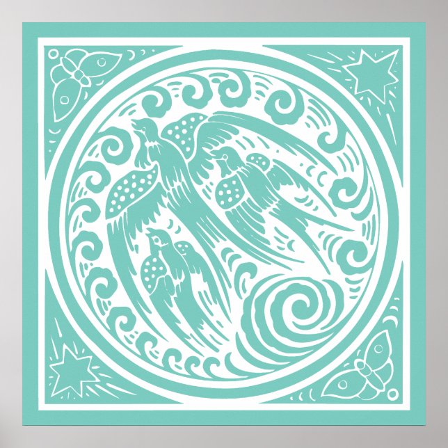 Pôster Aves Vintage com Borboletas e Estrelas (Frente)