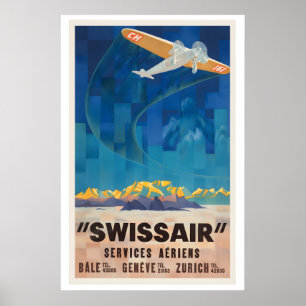 Poster Aviação Vintage Companhia Aérea Avião Suíça Vintag