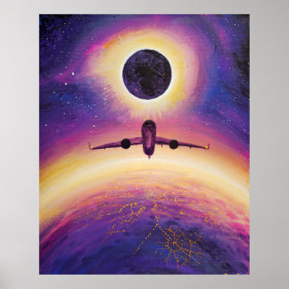 Poster Avião em cidade de voo e eclipse