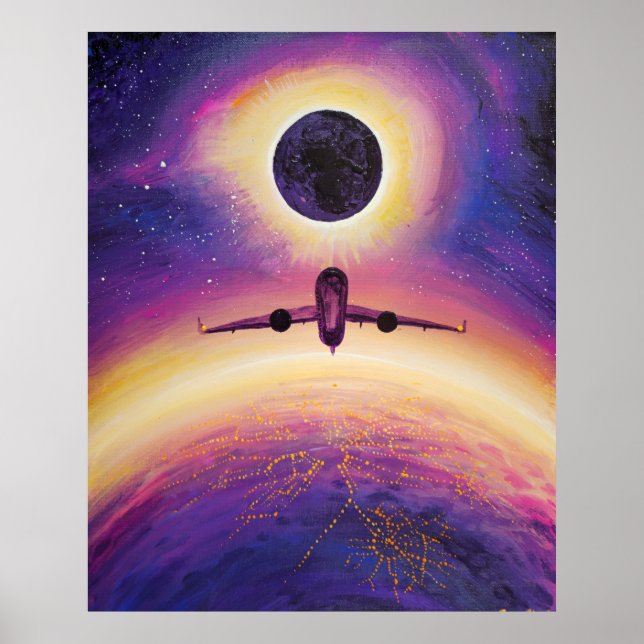 Poster Avião em cidade de voo e eclipse (Frente)