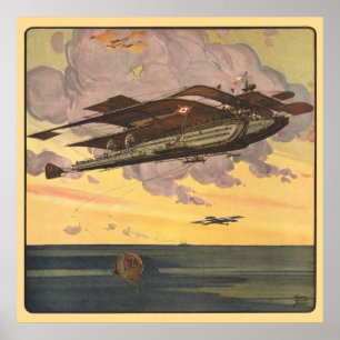 Pôster Avião Hidroavião de Ficção Científica Vintage
