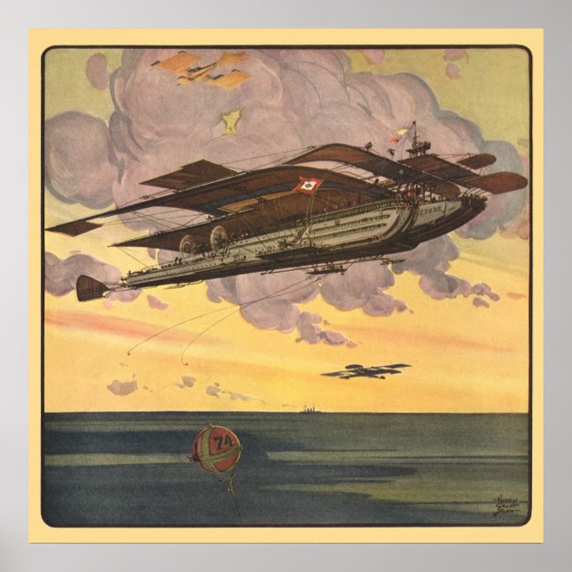 Pôster Avião Hidroavião de Ficção Científica Vintage (Frente)