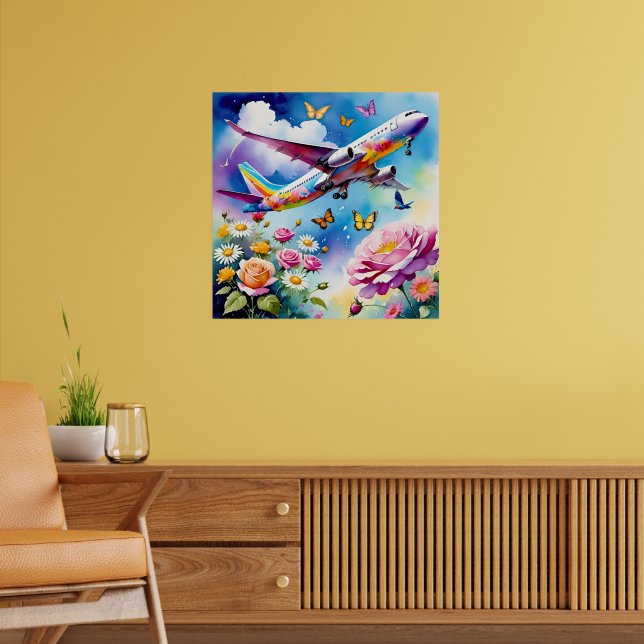 Poster Avião sobrevoando Rosas com borboletas (Sala de Estar 2)