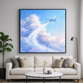 Poster Avião Voando Alto - Estilo de Pintura em Pastel