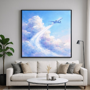 Poster Avião Voando Alto - Estilo de Pintura em Pastel