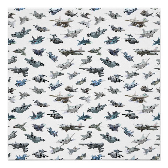 Pôster Aviões militares de desenho animado com padrão uni (Frente)