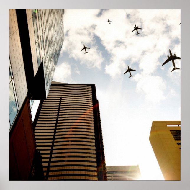 Pôster Aviões sobrevoando edifícios (Frente)