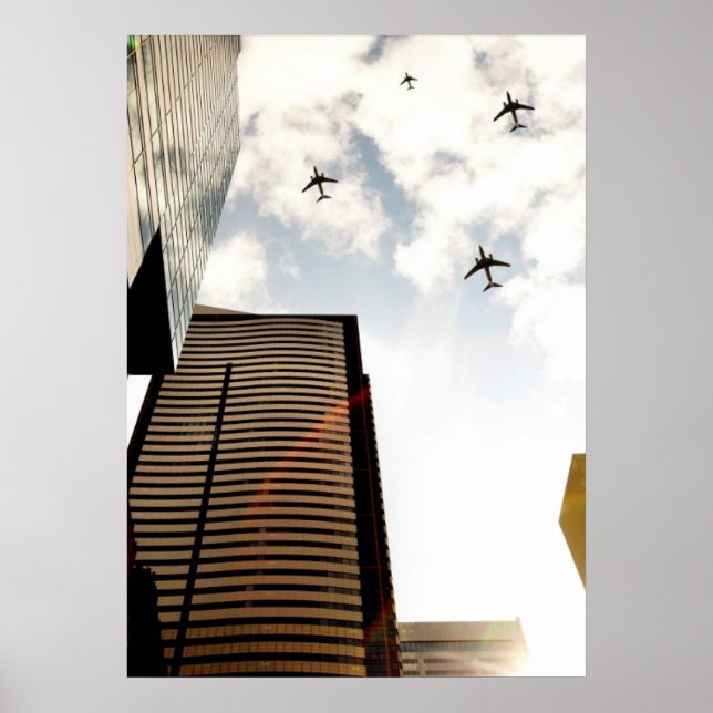 Pôster Aviões sobrevoando edifícios (Frente)