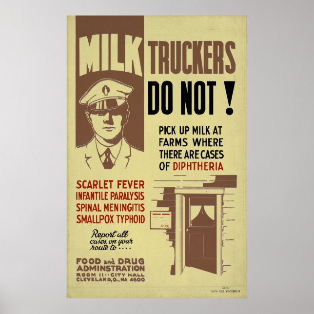 Poster Aviso do Leite Trucker FDA 1940 WPA Saúde da Vinta (Frente)