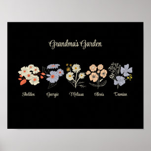 Poster Avó Jardim das Flores Personalizado 5 Nomes Floral